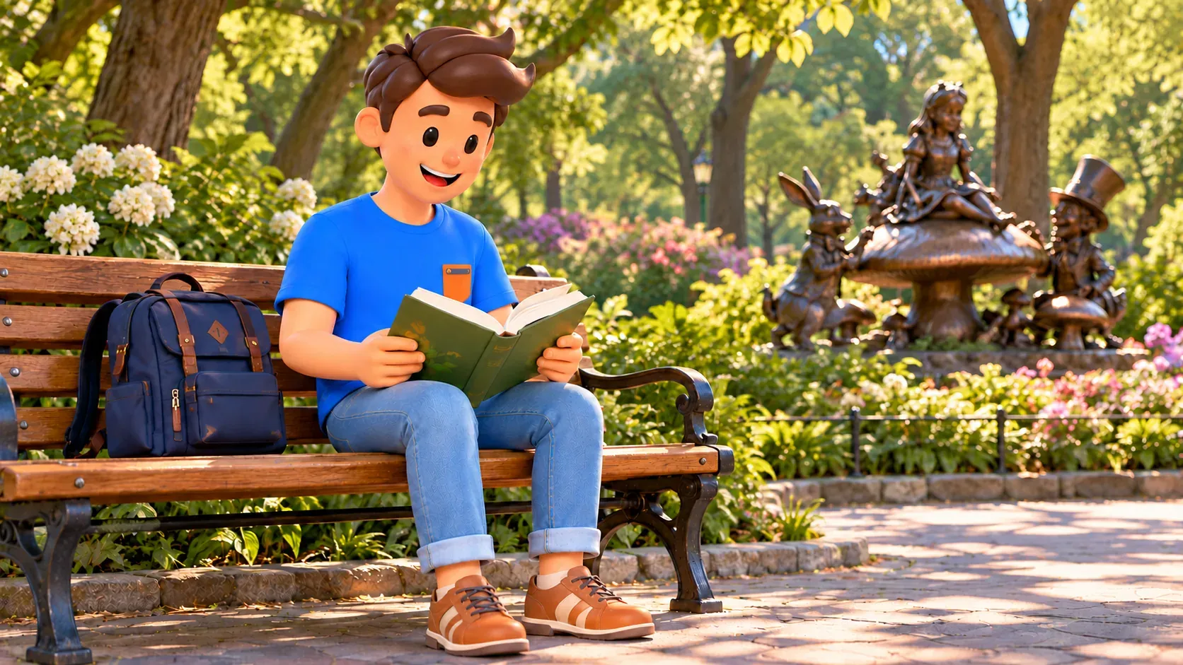 El personaje lee en un banco cerca de una escultura literaria