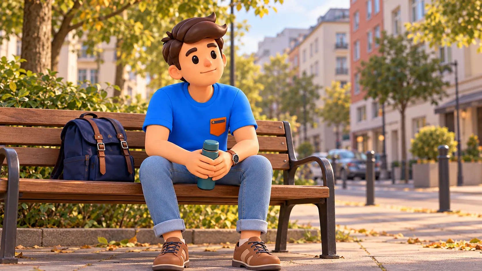 Ilustración de un viajero descansando con un termo en un banco junto a una calle.