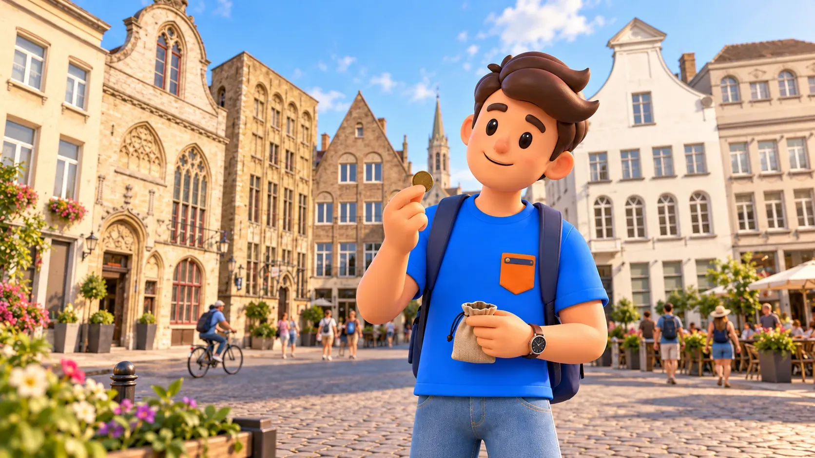 Character examining a coin and holding a small pouch at Bruges’ old exchange corner