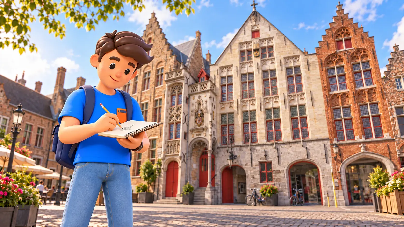 Character sketching in an open notebook in front of Bruges’ Toll House façade