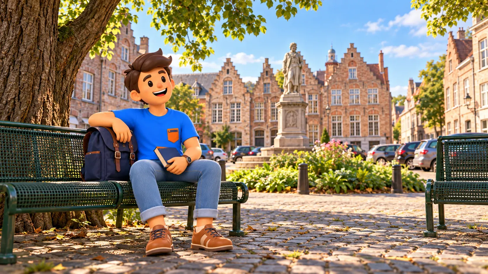 Character resting with a book on a Woensdagmarkt bench near the Memling statue
