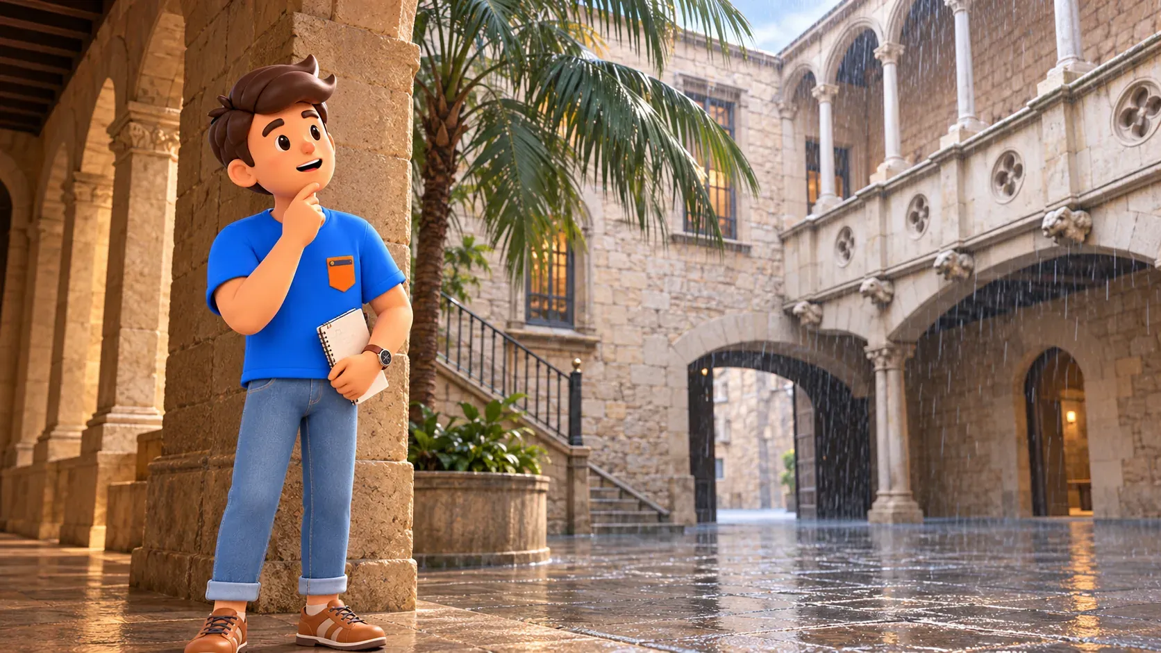 Illustration of a traveller with a notebook beneath an arcade in the Picasso Museum’s stone courtyard.