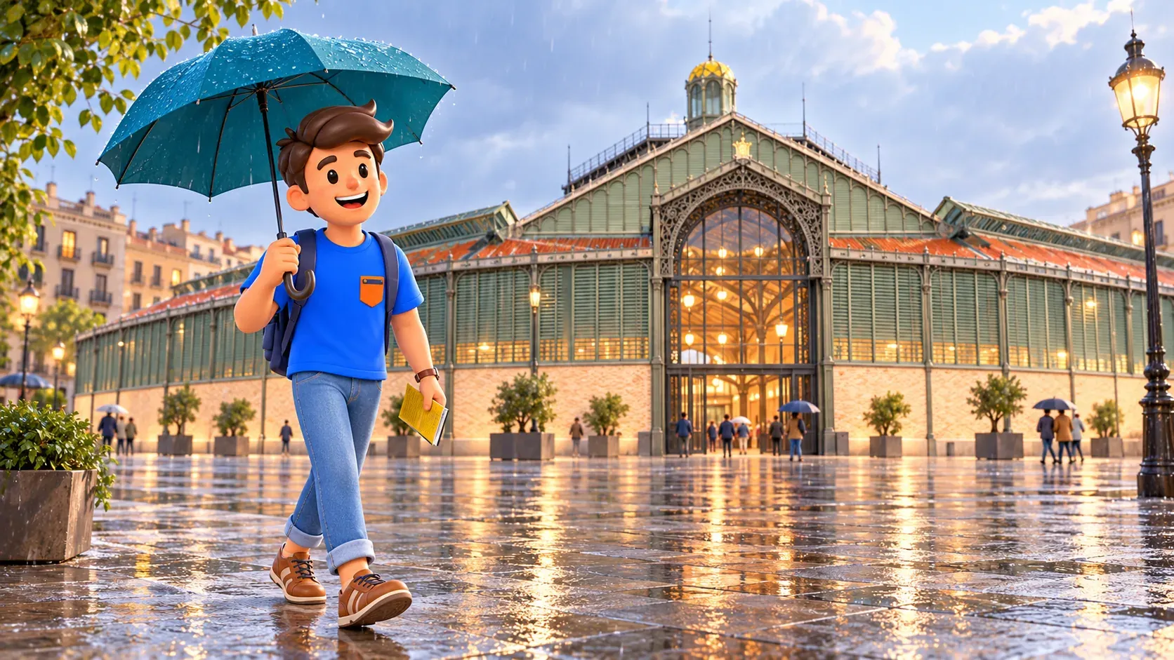 Illustration of a traveller with an open umbrella outside the former Born market’s green metal façade.