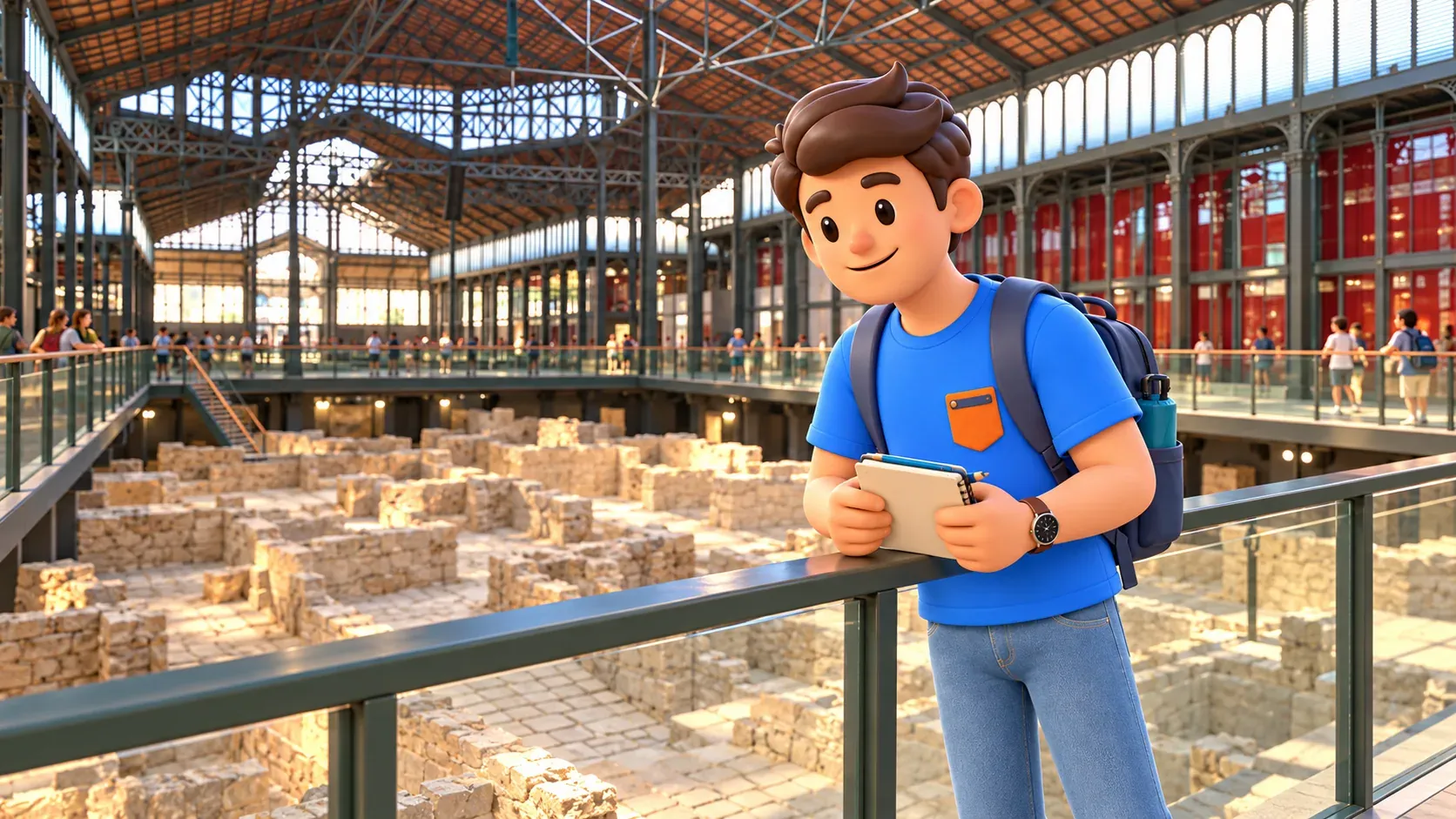 Illustration of a traveller on El Born’s upper public walkway overlooking archaeological remains below.