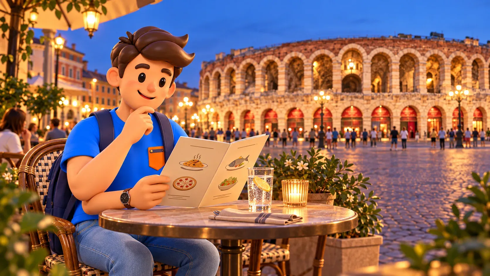 Traveller choosing dinner from a menu at a café overlooking the Arena in the evening
