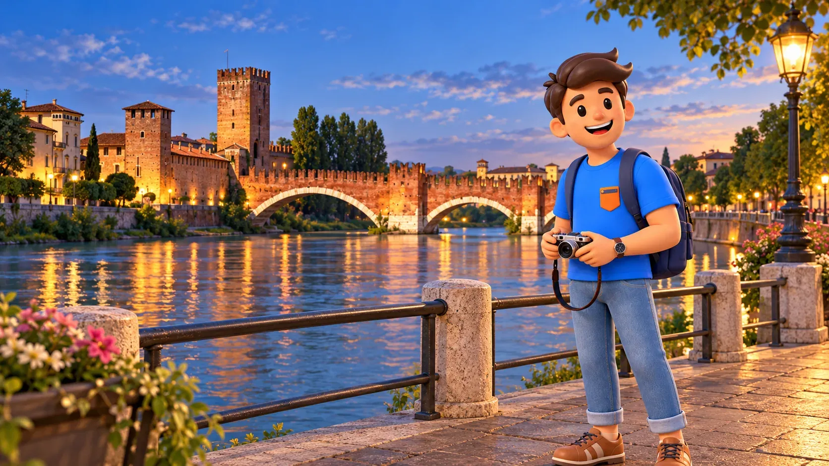 Character holding a compact camera on the riverside before Ponte Scaligero at dusk