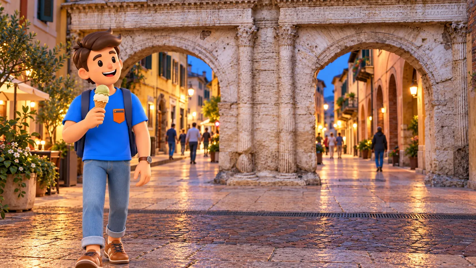 Traveller holding a gelato cone beside the two arches of Porta Borsari in the evening