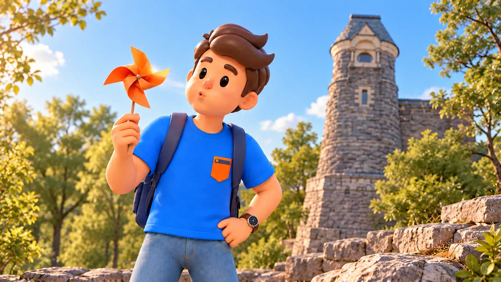 Un viajero sopla suavemente su molinillo de papel naranja junto a la torre de Belvedere.