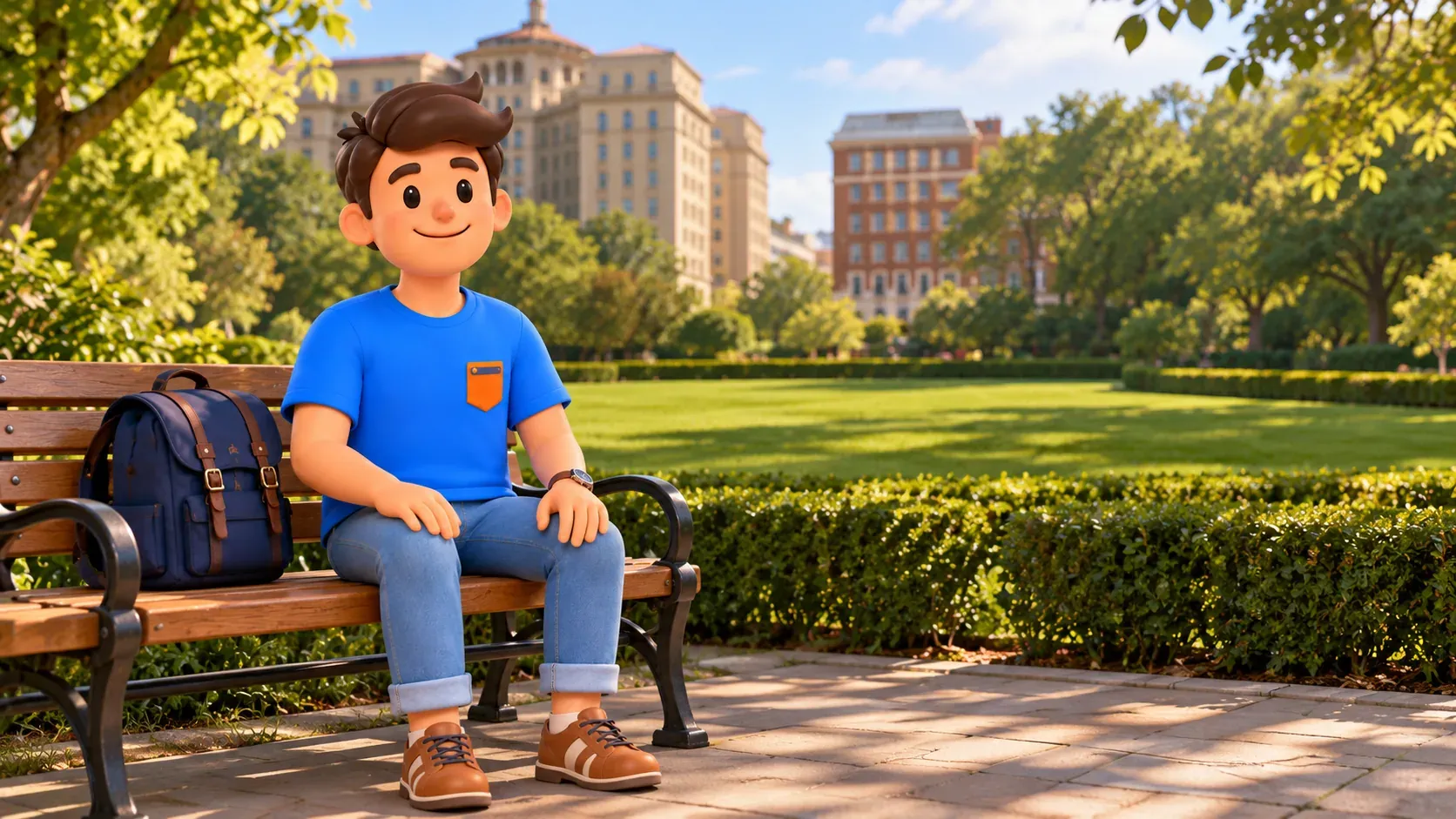 Un viajero descansa en un banco junto al césped y los setos bajos recortados de Conservatory Garden.