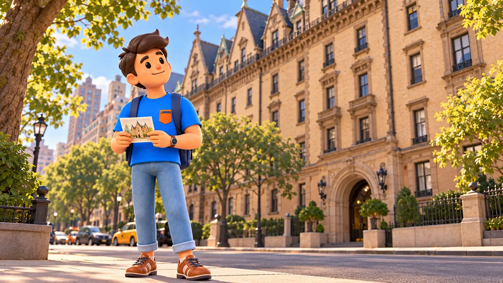 Voyageur tenant une carte postale devant une façade stylisée du Dakota et son toit à pignons.