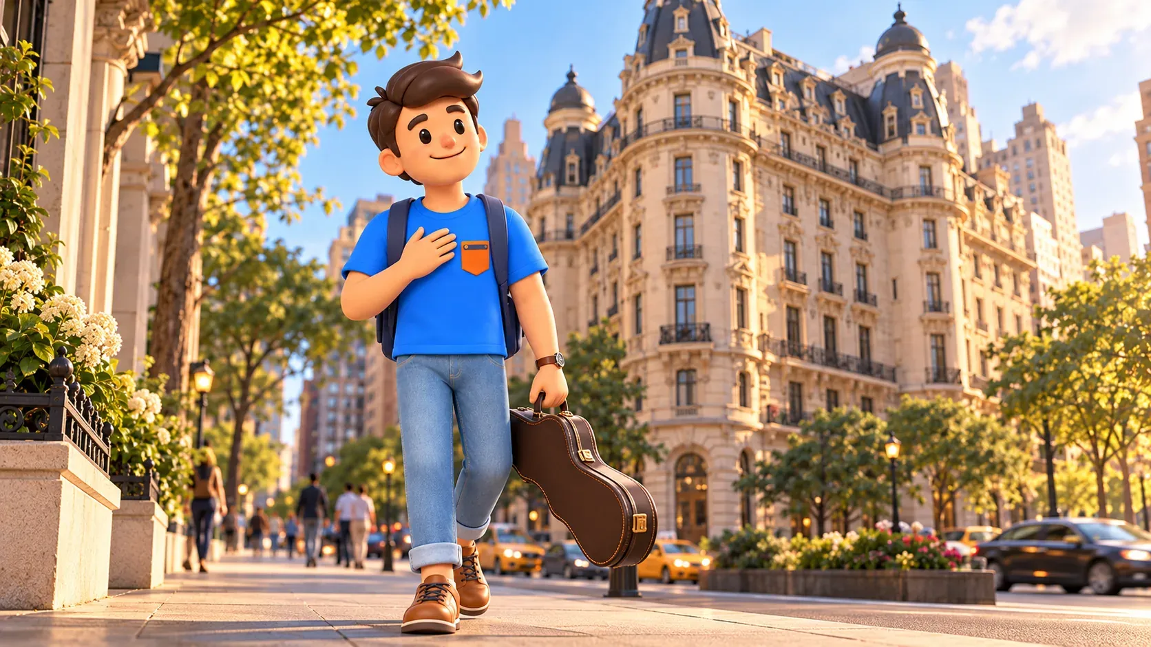 Voyageur portant un étui d’instrument fermé devant des façades arrondies stylisées de l’Ansonia.