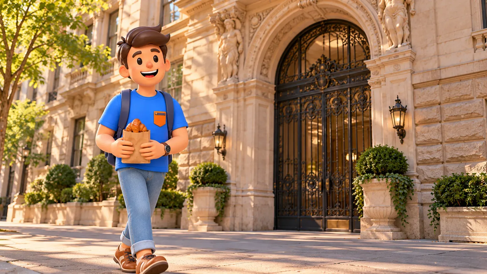 Voyageur avec un sac de viennoiseries devant l’arche fermée d’une version stylisée de l’Apthorp.