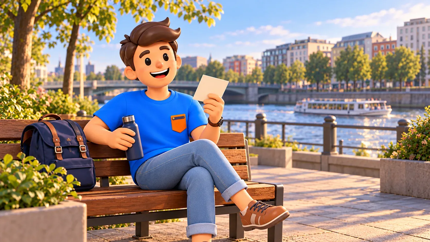 Illustration eines Reisenden mit Wasserflasche und Postkarte bei einer Pause am Fluss.