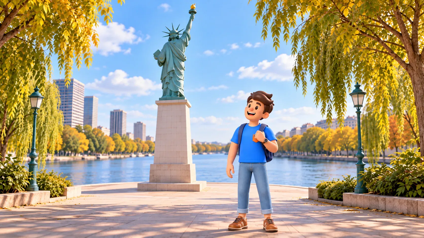 Un viajero contempla la Estatua de la Libertad de París desde la plataforma sur de la Île aux Cygnes; la estatua se ve de espaldas.