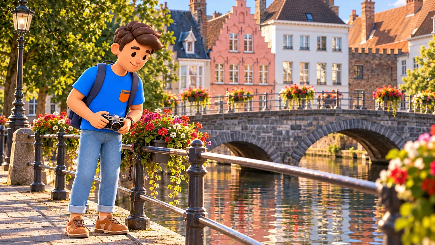 Personaje con una cámara a la altura de la cintura mirando el agua cerca de Carmersbrug