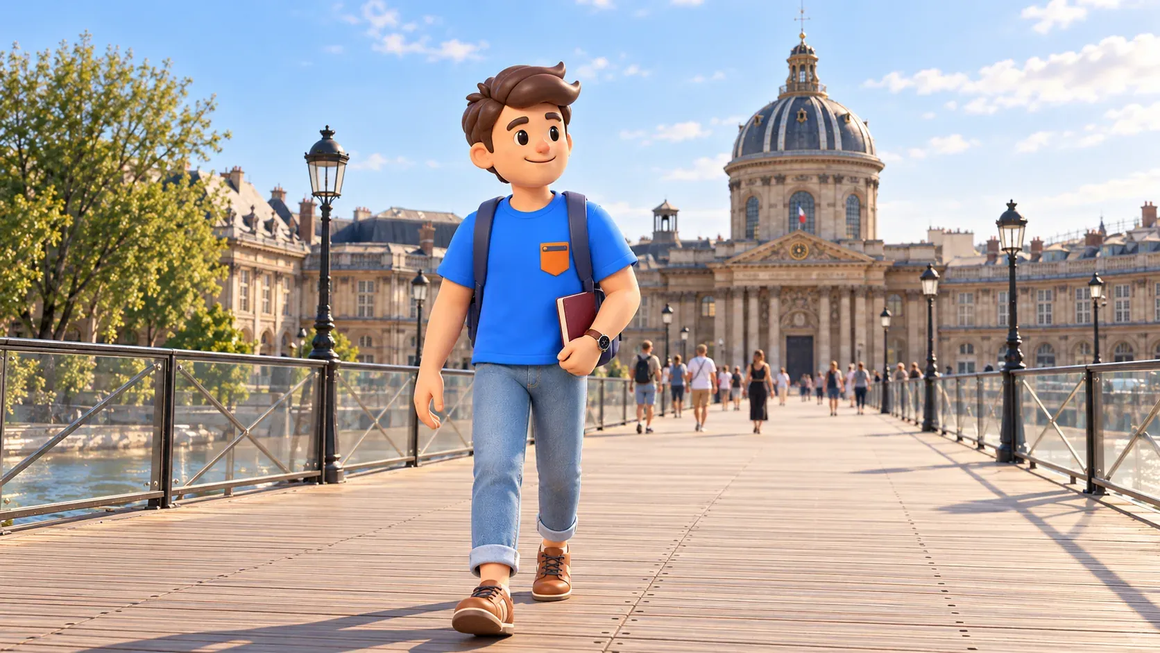 RoadMe character with a closed notebook on Pont des Arts in front of the Institut de France