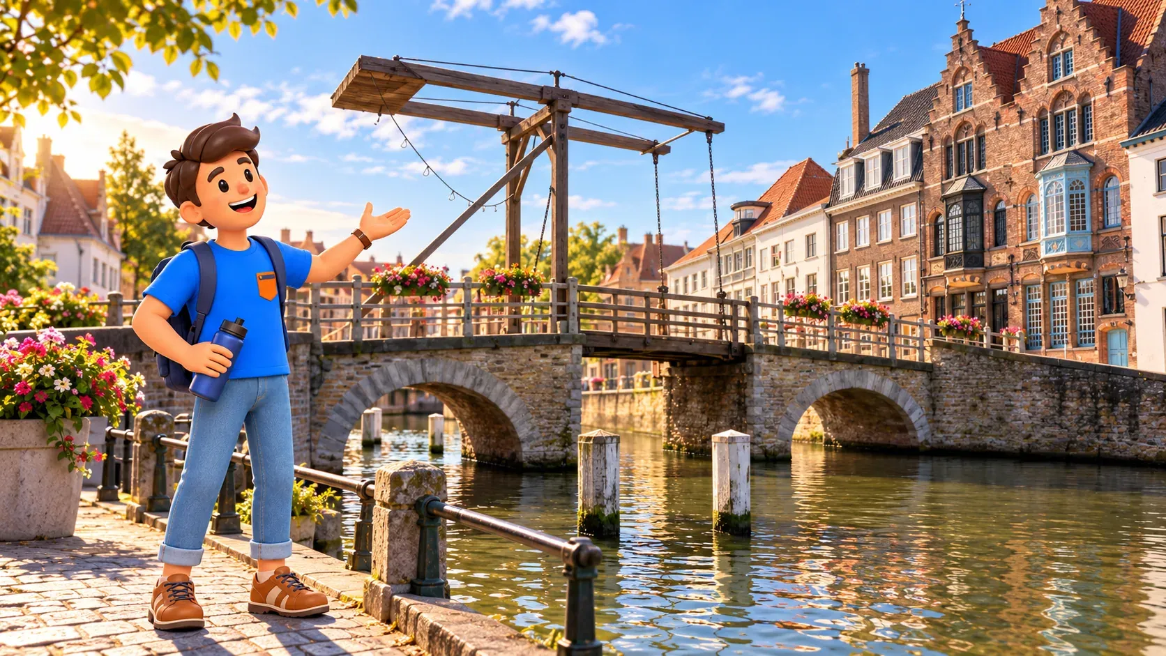 Personaje con una botella cerrada señalando la estructura de madera del puente Ter Duinenbrug