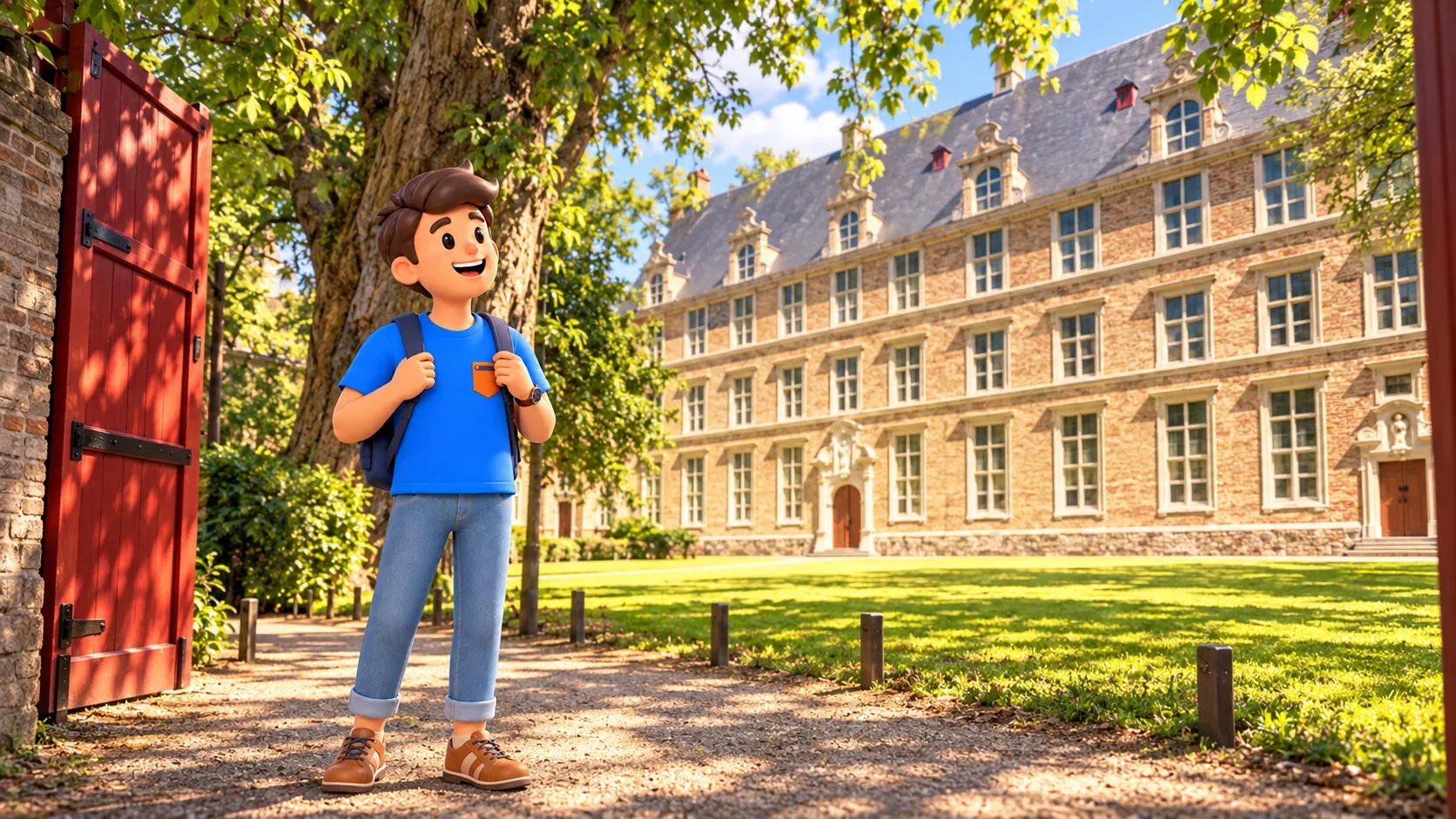 Personaje junto a la puerta roja abierta mirando la fachada del Gran Seminario a través del jardín delantero