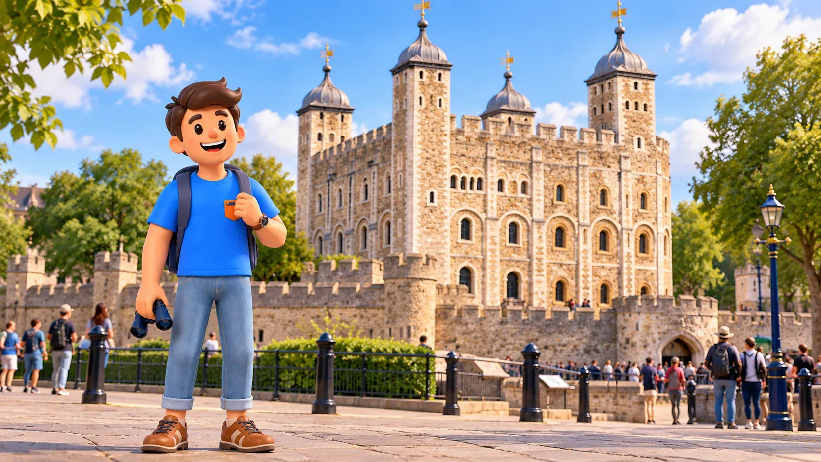 Thematische Illustration eines Reisenden vor der Festung Tower of London