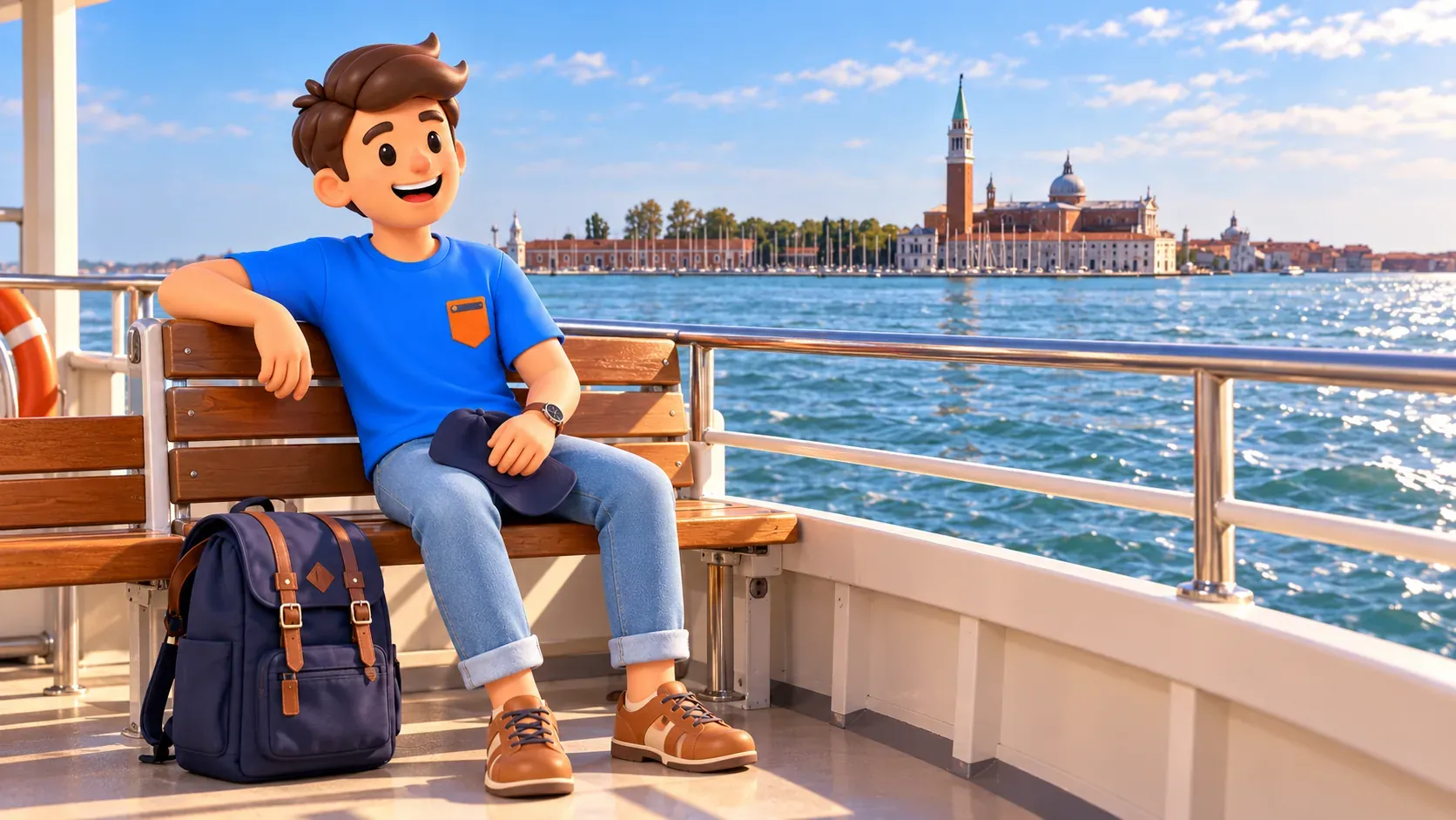 Ilustración conceptual de un viaje en barco de pasajeros con vista de San Giorgio Maggiore