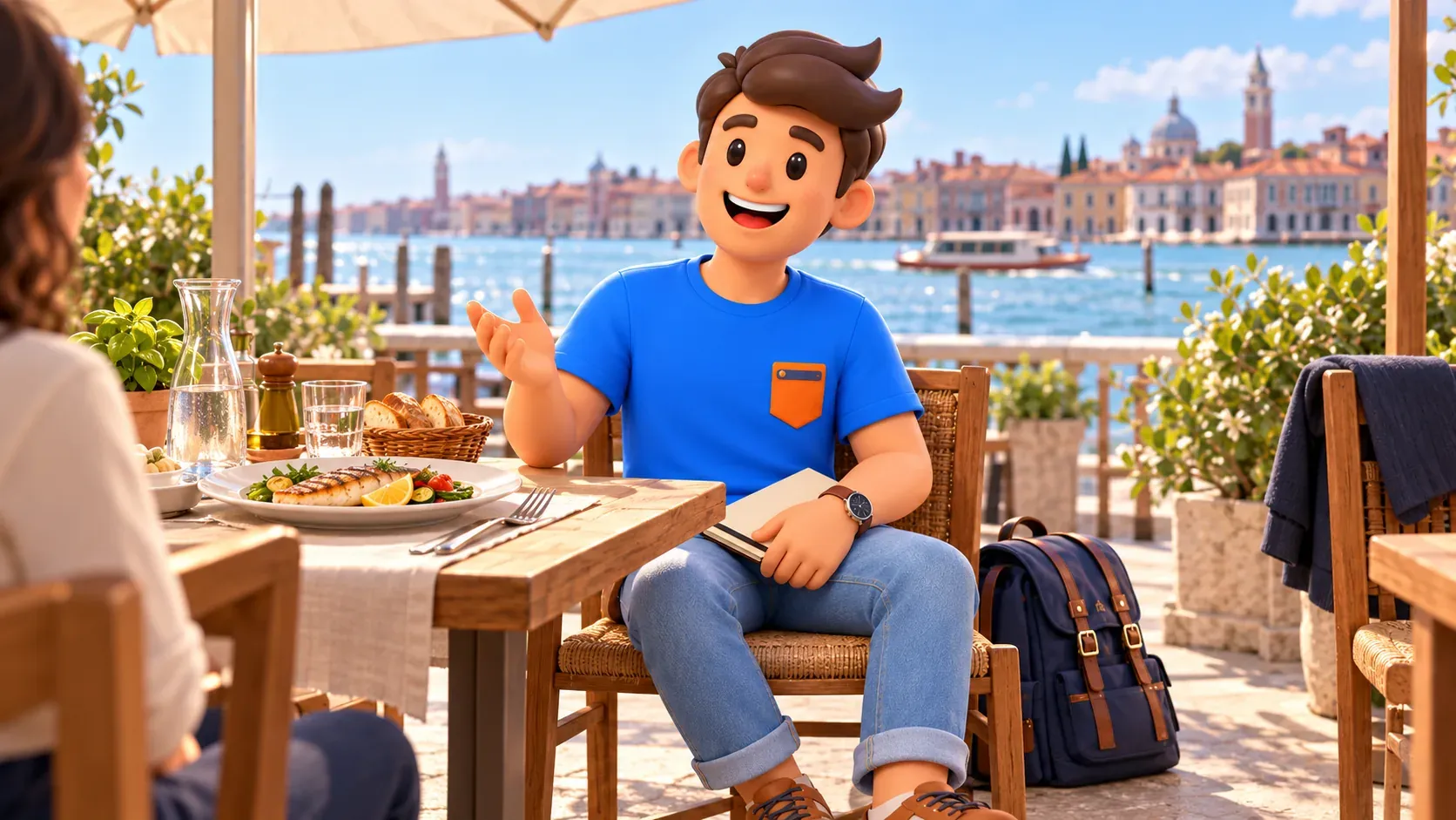 Ilustración conceptual de una pausa para almorzar y conversar en un local sin nombre de Giudecca