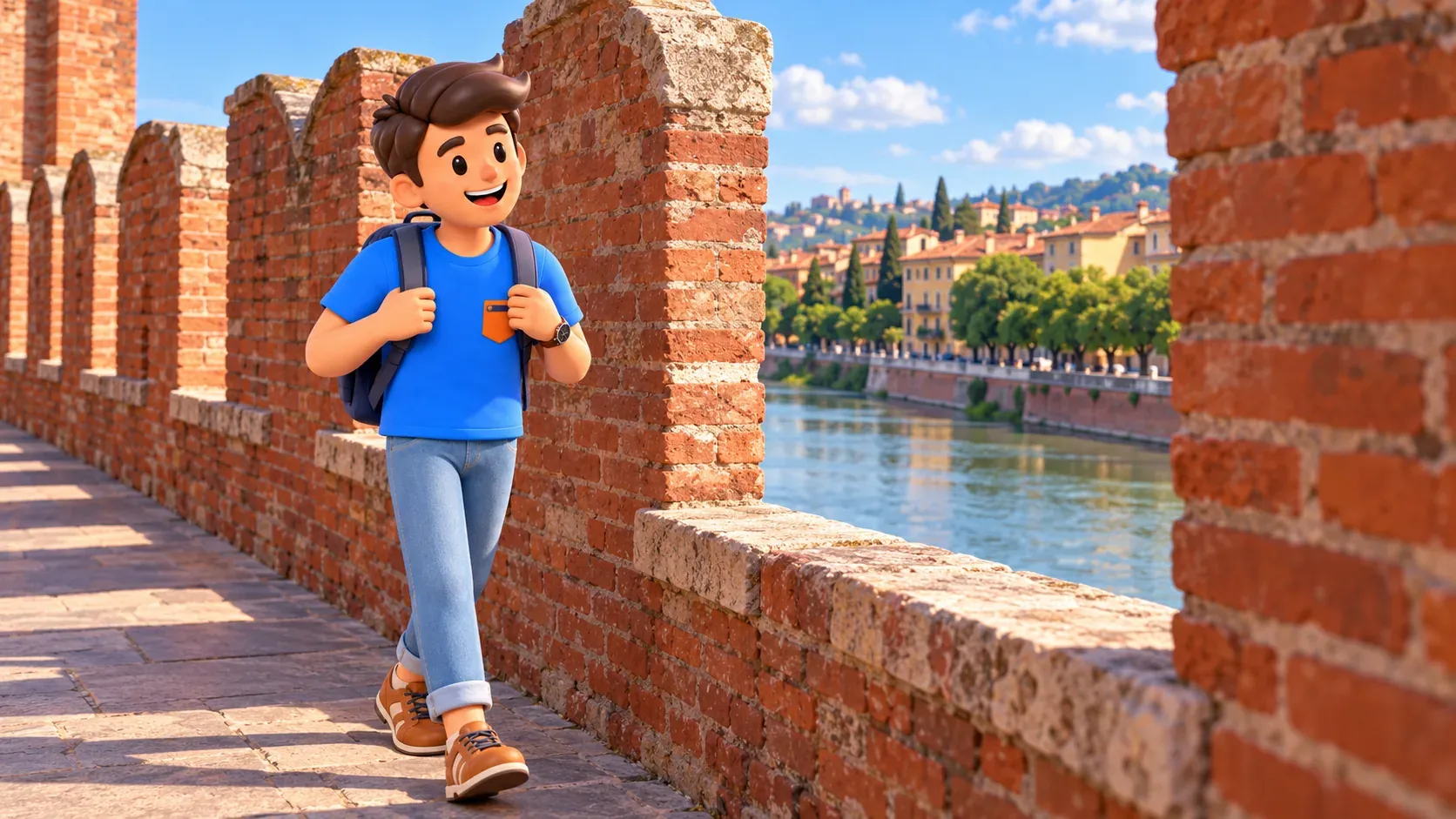 Traveller holding backpack straps while walking beside the brick battlements of Ponte Scaligero