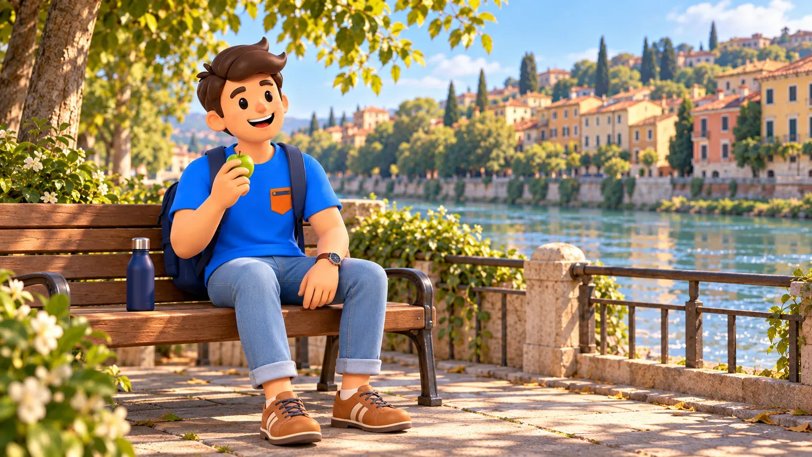 Character resting with a green apple on a riverside bench