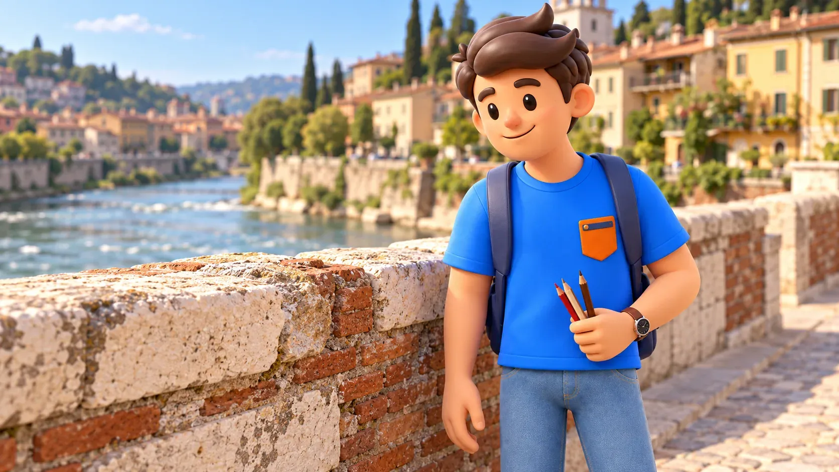 Character with coloured pencils studying stone and brick on the Ponte Pietra parapet