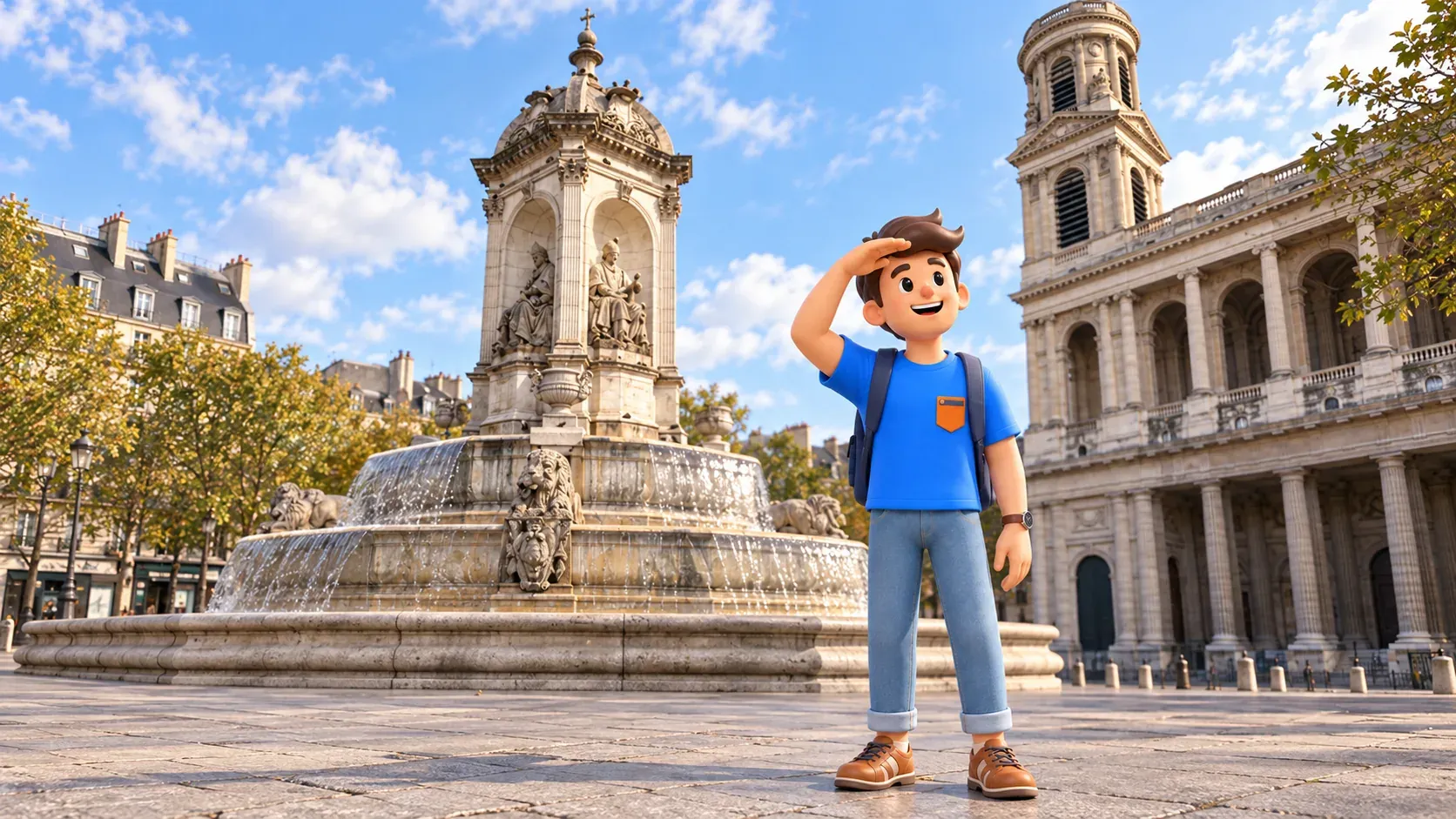 RoadMe character shading his eyes on Place Saint-Sulpice