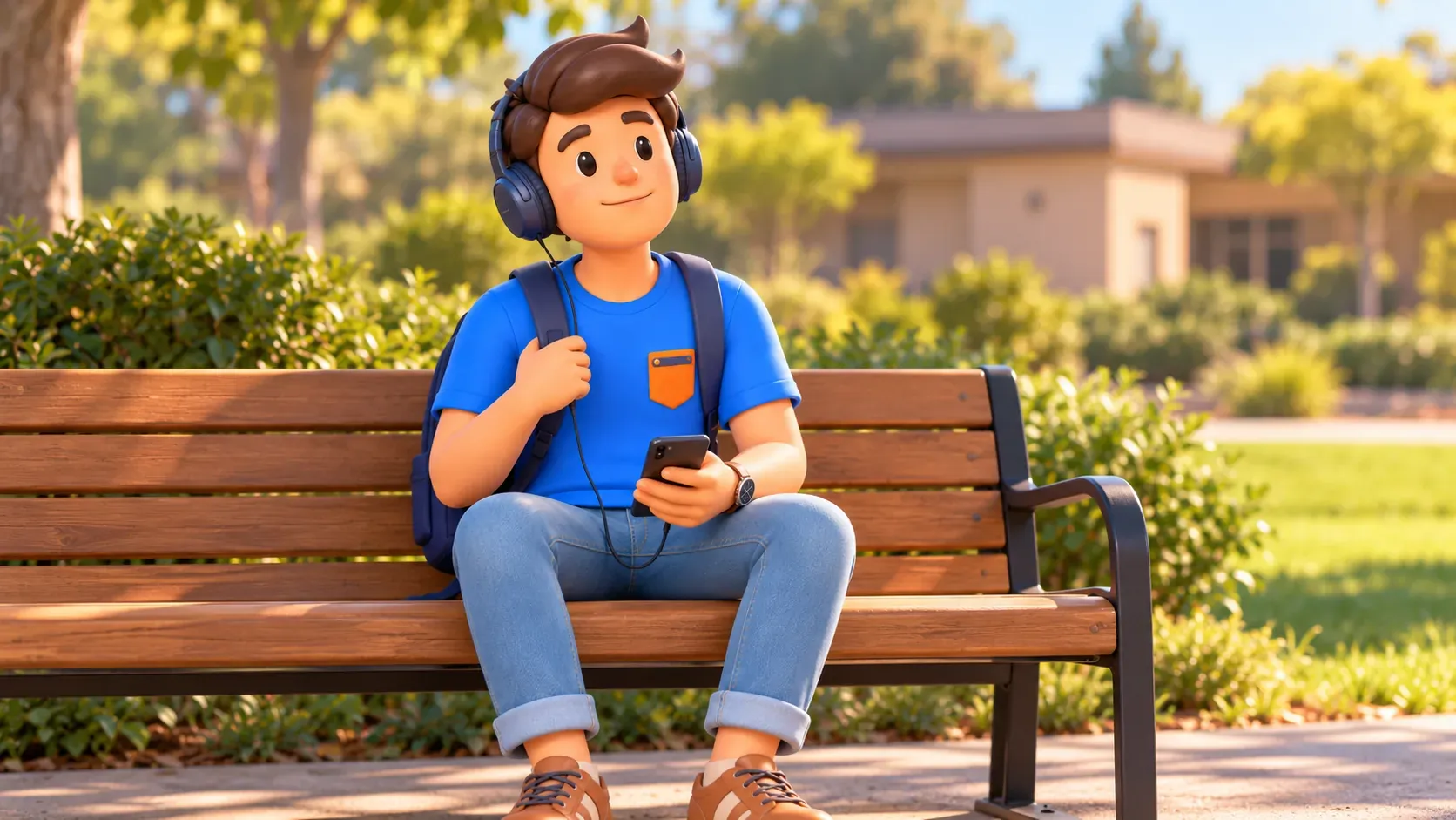 Traveler listening to a story with headphones on a park bench