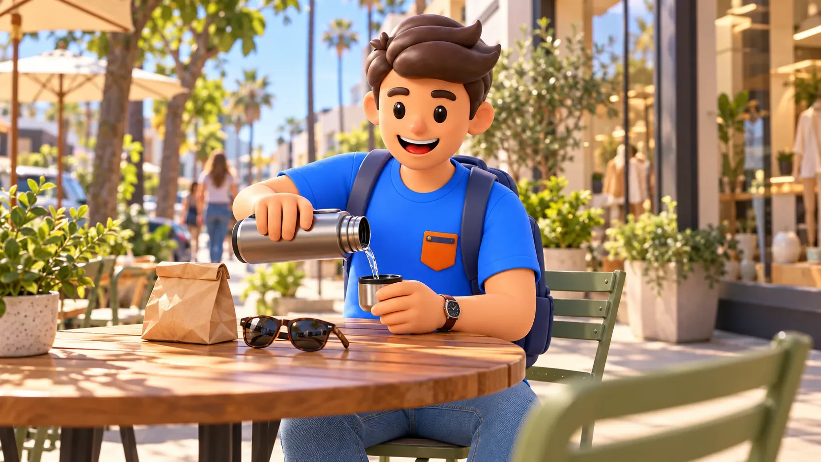 Traveler pouring water from his flask during a break