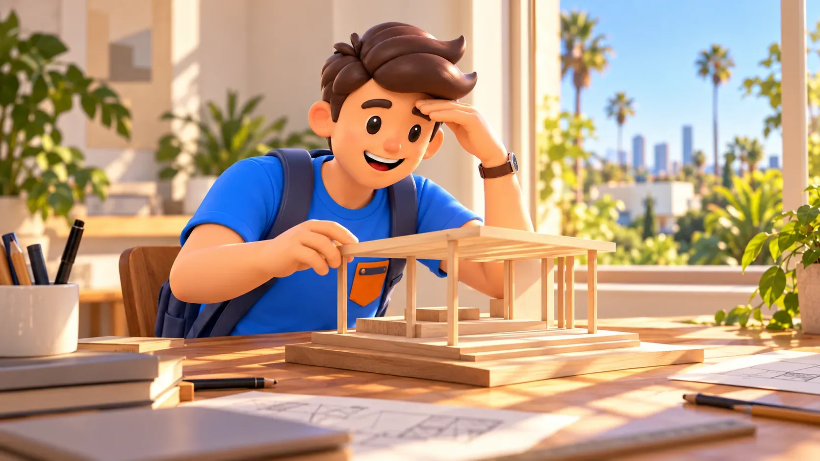 Traveler studying light on a wooden architectural model