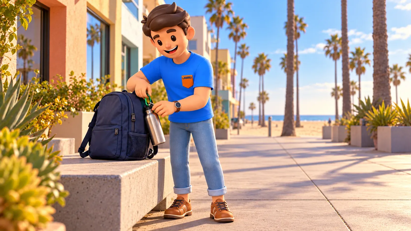 Le voyageur fixe sa bouteille au sac avant une promenade dans un cadre côtier californien.