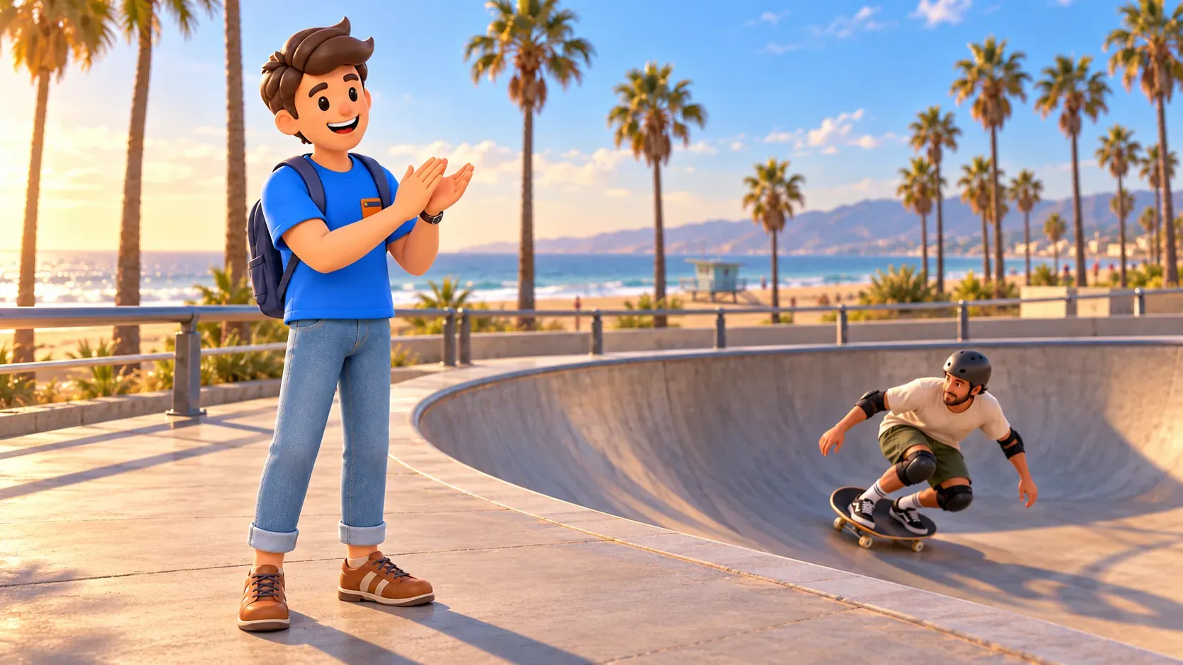 Le voyageur applaudit depuis l’espace piéton extérieur en regardant un skateur protégé.