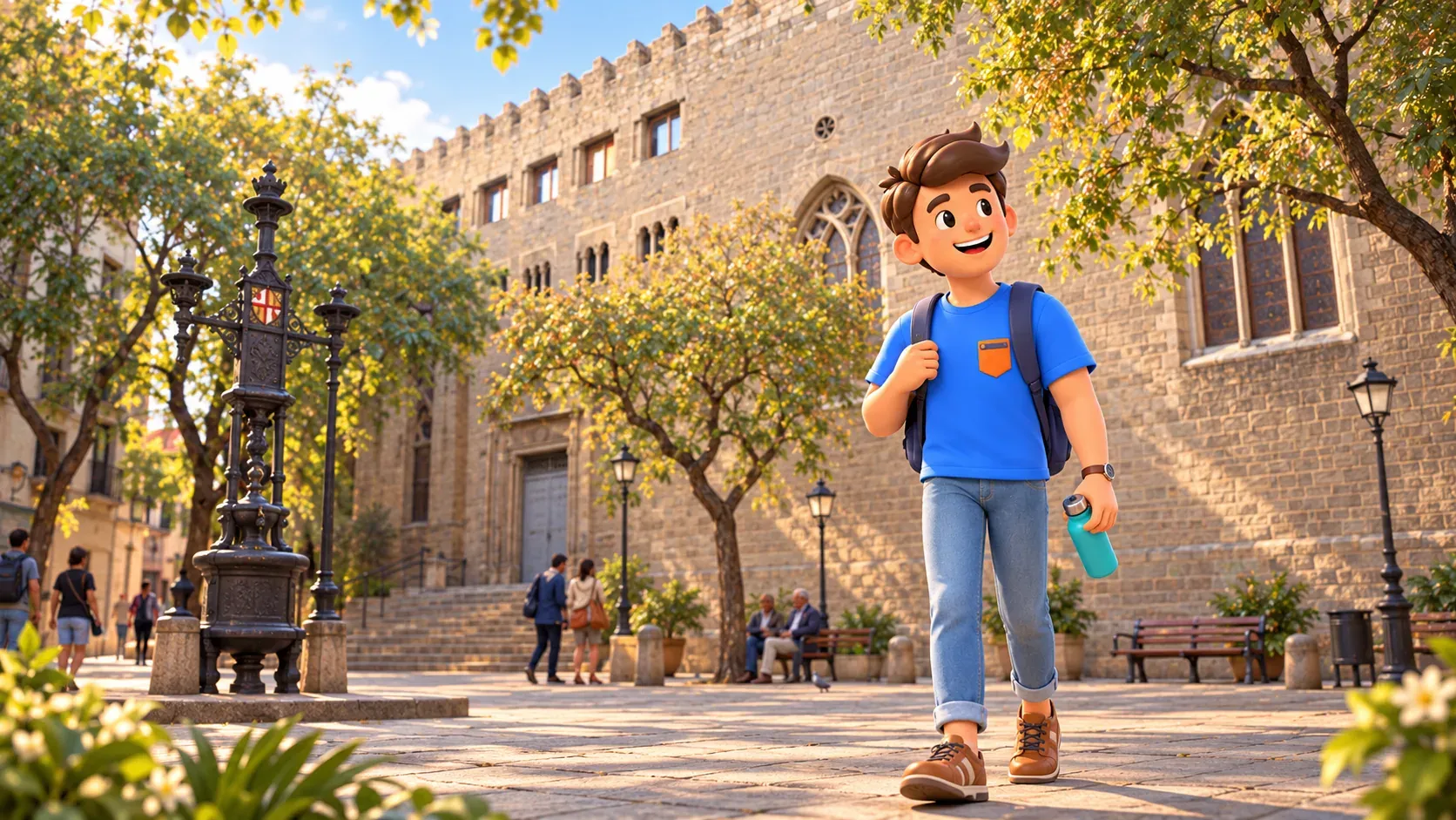 Illustration of a traveller with a closed water bottle in the square outside Sant Pere church.