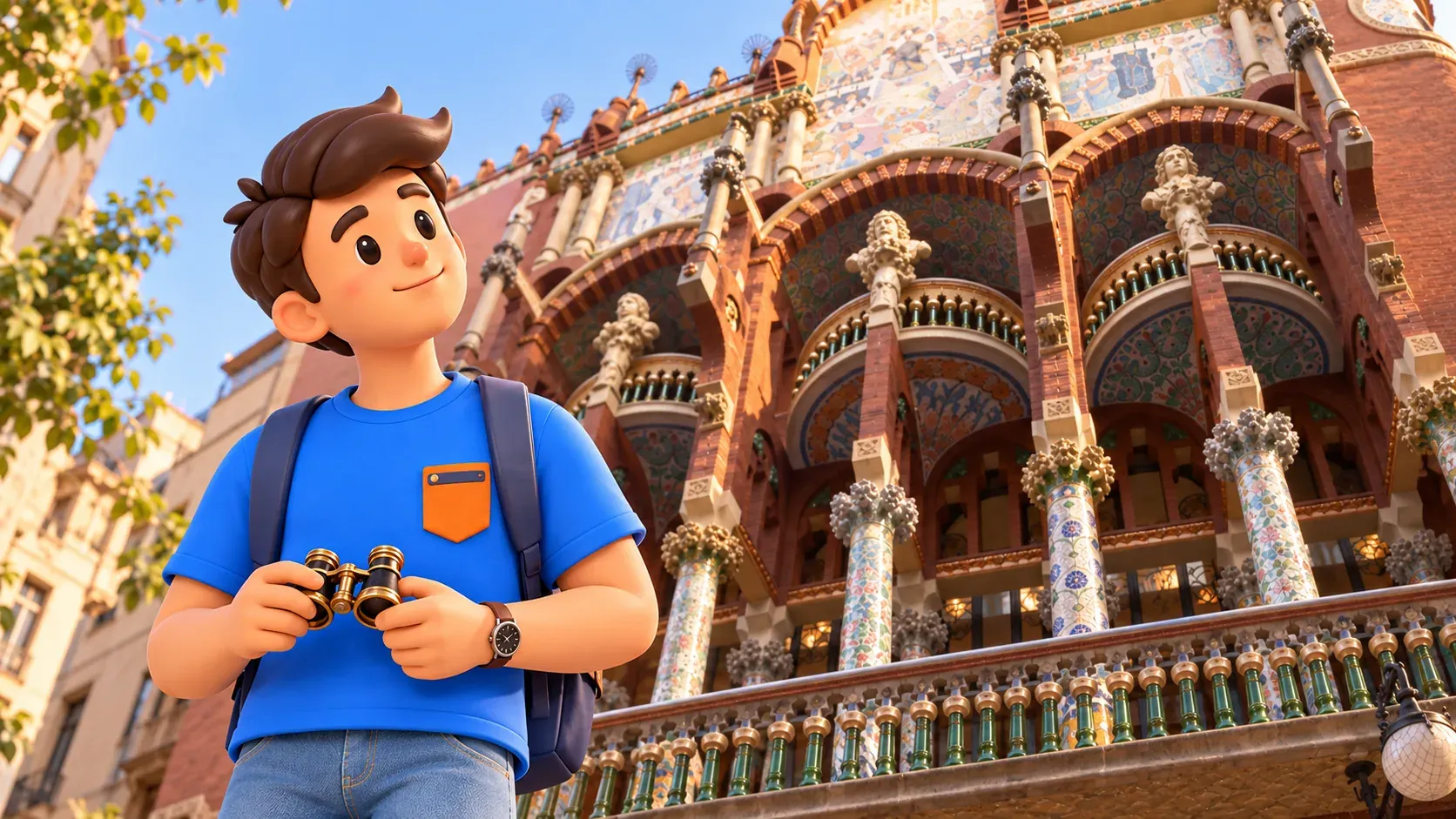Illustration of a traveller holding opera glasses beside mosaic columns and musician busts on the Palau façade.