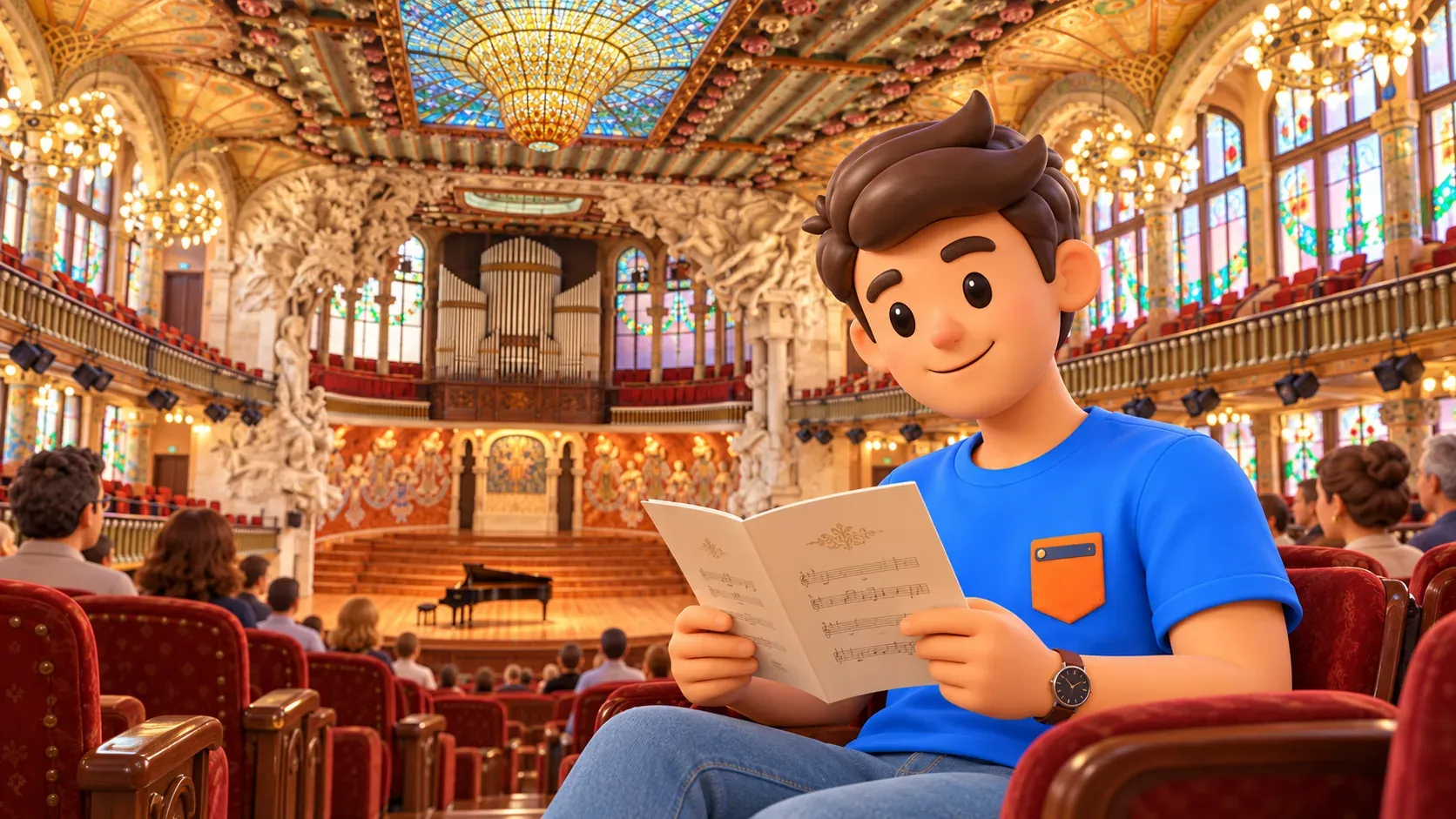 Illustration of a traveller holding a programme in an audience seat in the historic Palau hall before the performance.