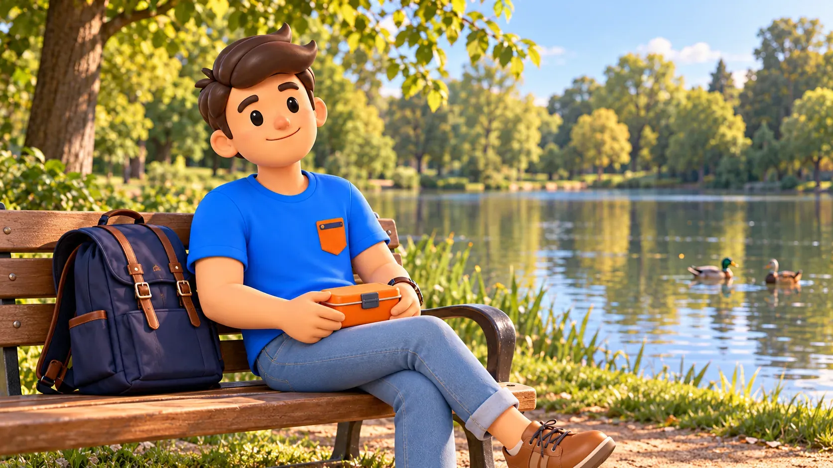 Ilustración de un viajero descansando en un banco junto al lago con una fiambrera cerrada.