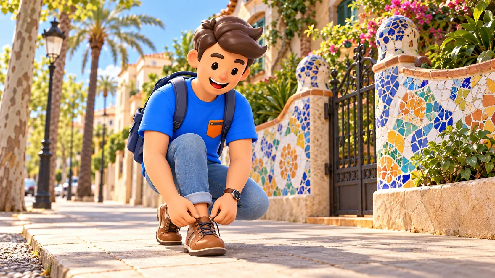 A traveler tying a shoelace on public pavement beside a mosaic wall.