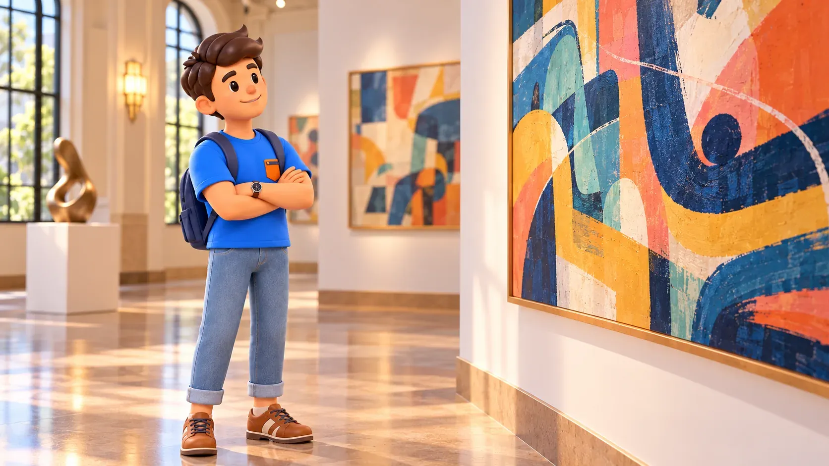 A traveler with folded arms looking at an abstract painting in a gallery.