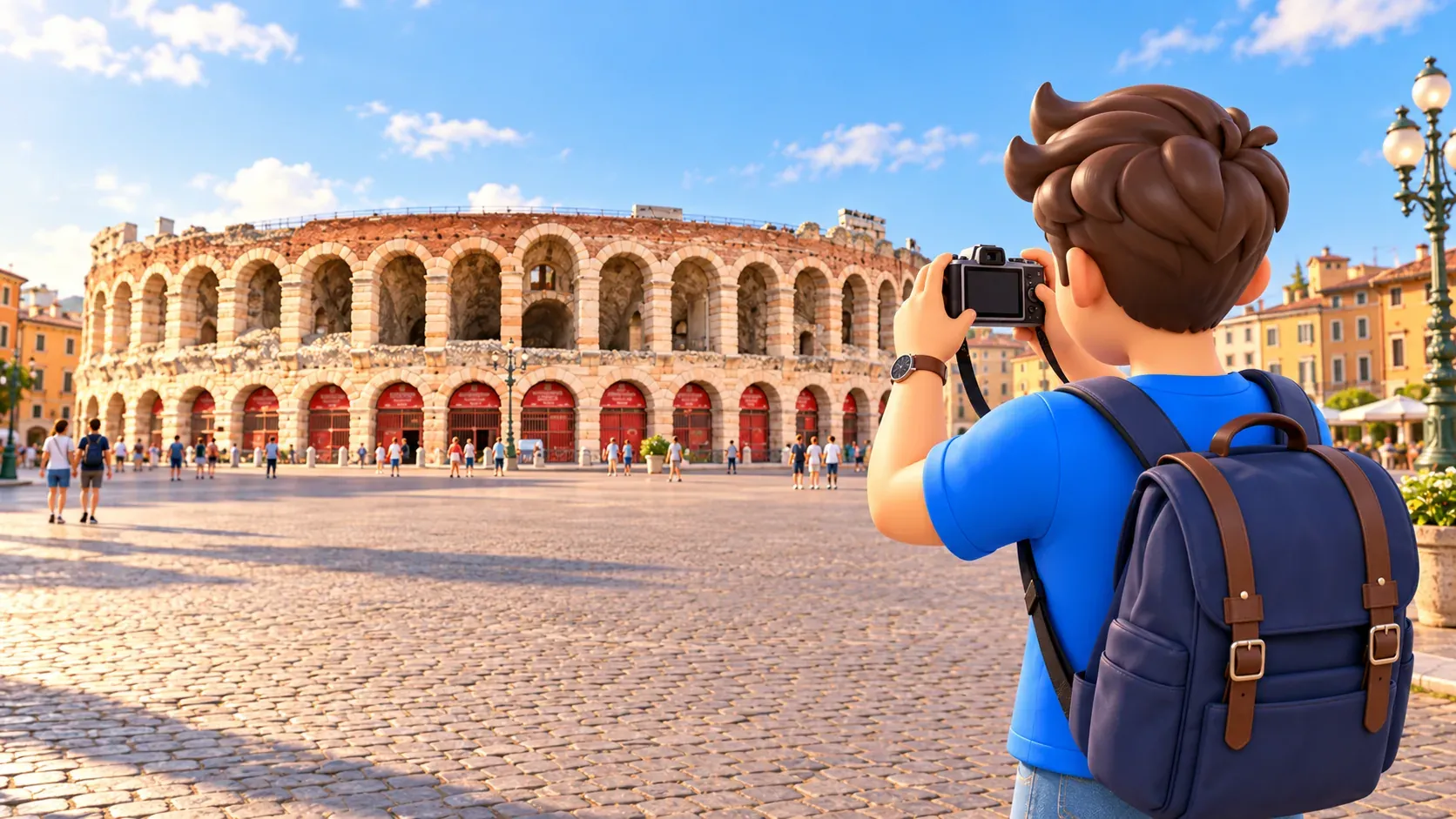 Vue par-dessus l’épaule d’un voyageur photographiant les arènes de Vérone