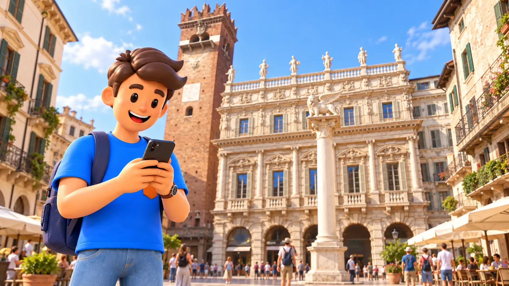 Personnage regardant des photos sur un téléphone devant le Palazzo Maffei sur Piazza delle Erbe