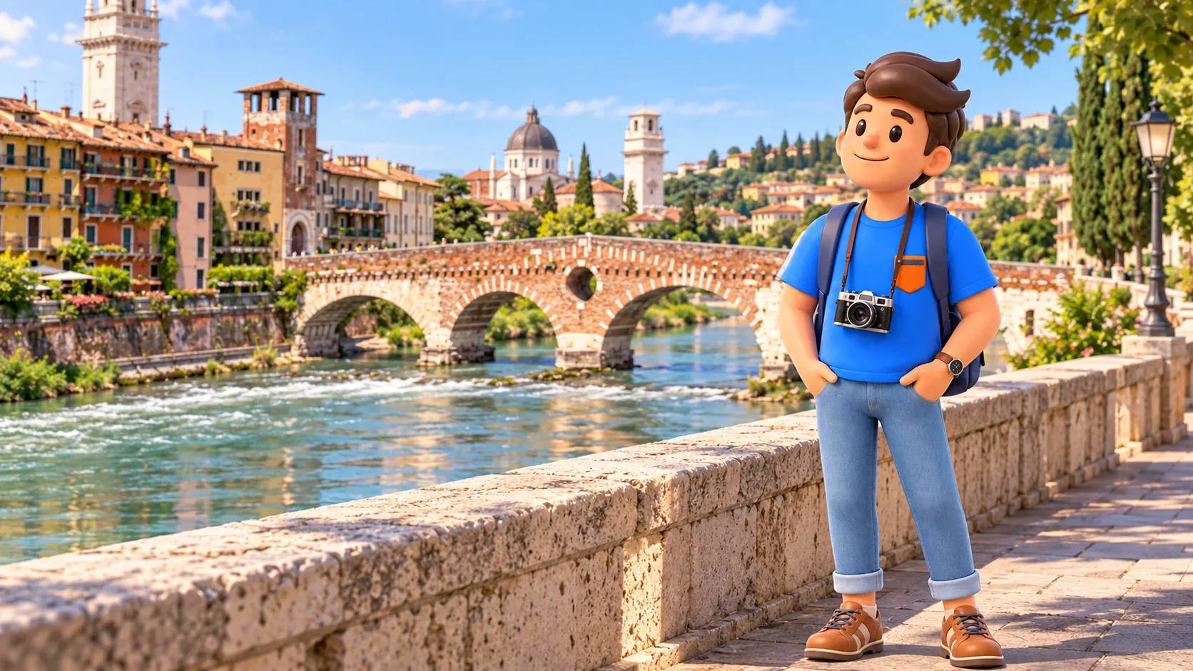 Voyageur avec un appareil en bandoulière faisant une pause sur le quai supérieur près du Ponte Pietra