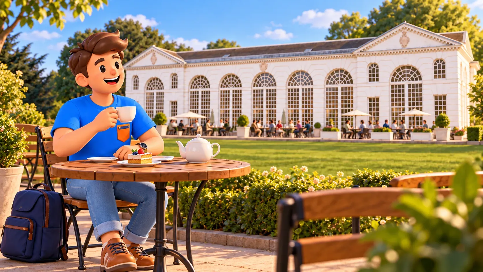 Viajero tomando té al aire libre frente a la fachada blanca de la Orangery en Kew