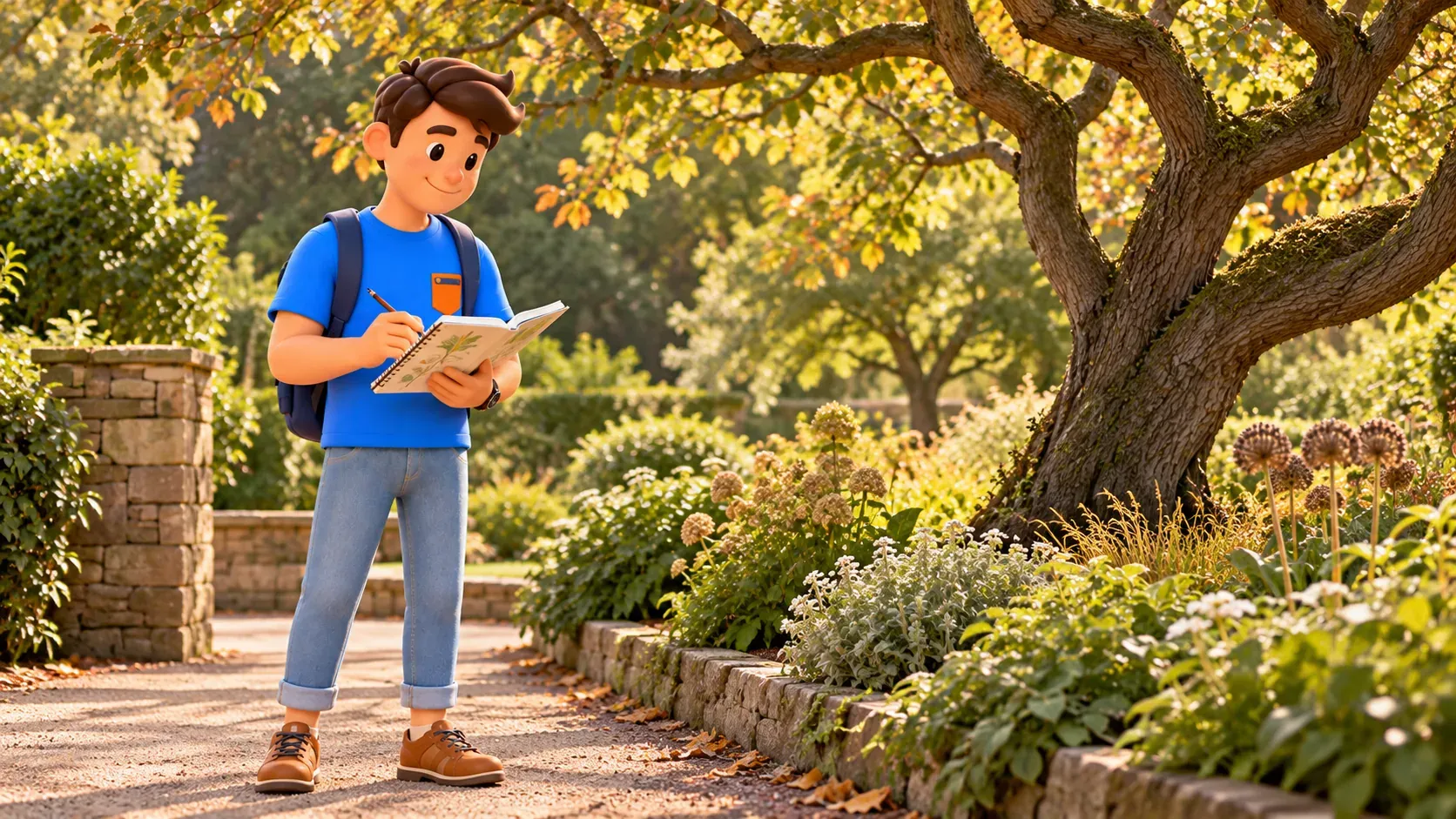 Viajero dibujando plantas desde un sendero del jardín de Chelsea sin tocar los arriates