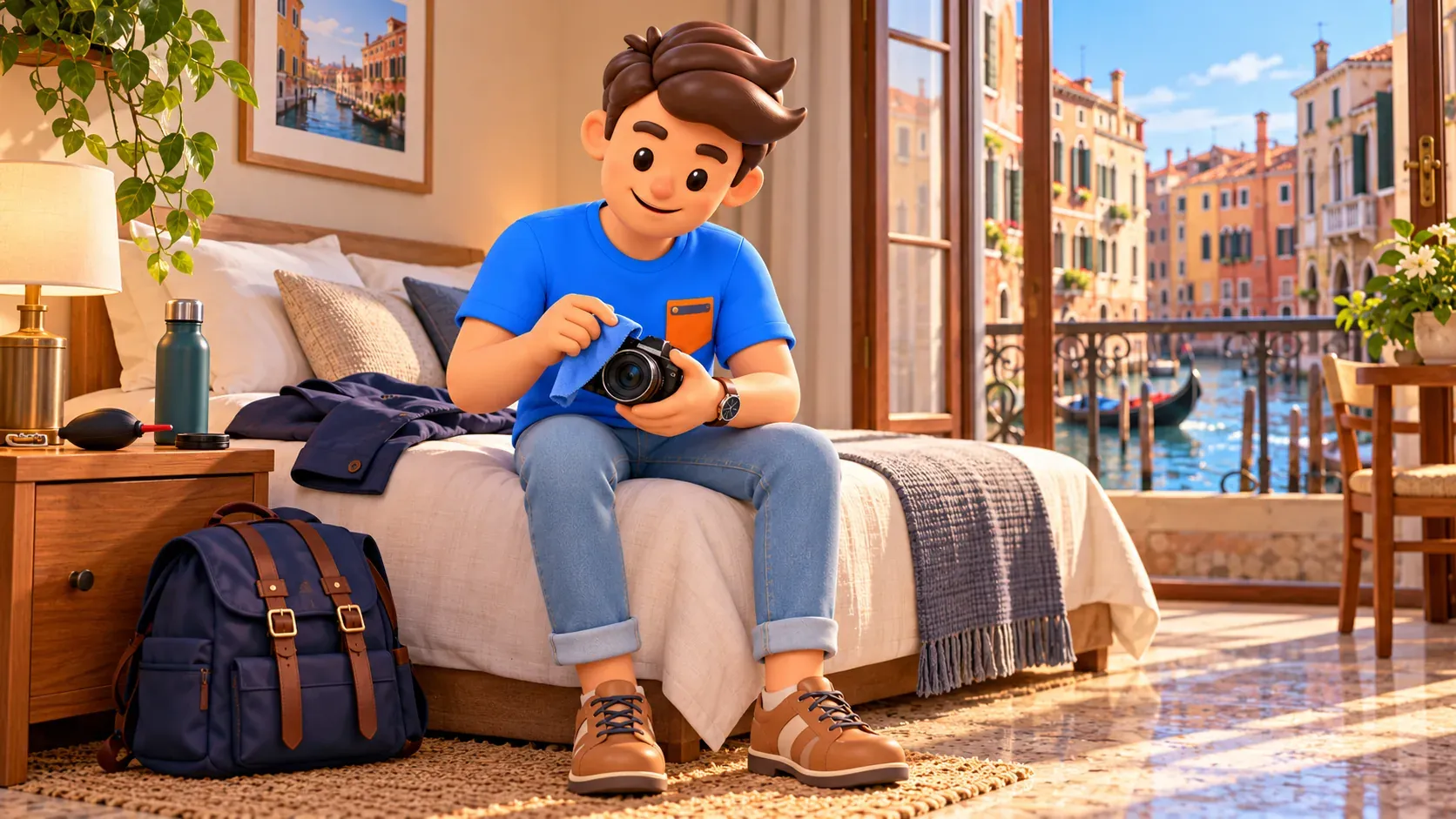 Conceptual illustration of preparing a personal camera at the accommodation before a walk