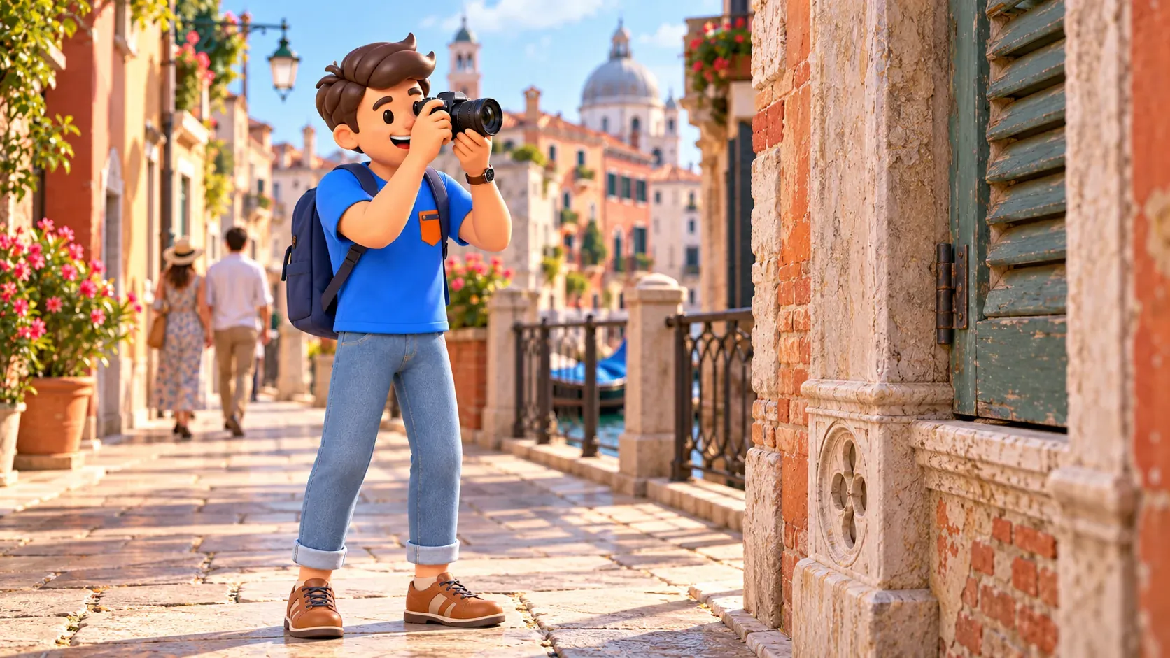 Conceptual illustration of photographing an architectural detail from a public Venetian lane