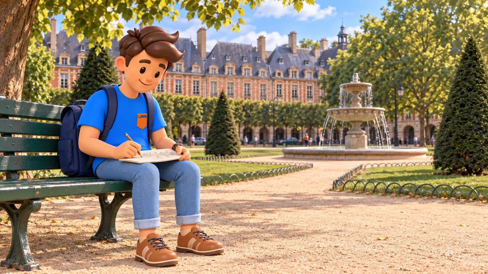 Le personnage RoadMe fait un petit dessin sur un banc place des Vosges, devant une fontaine et les arcades.