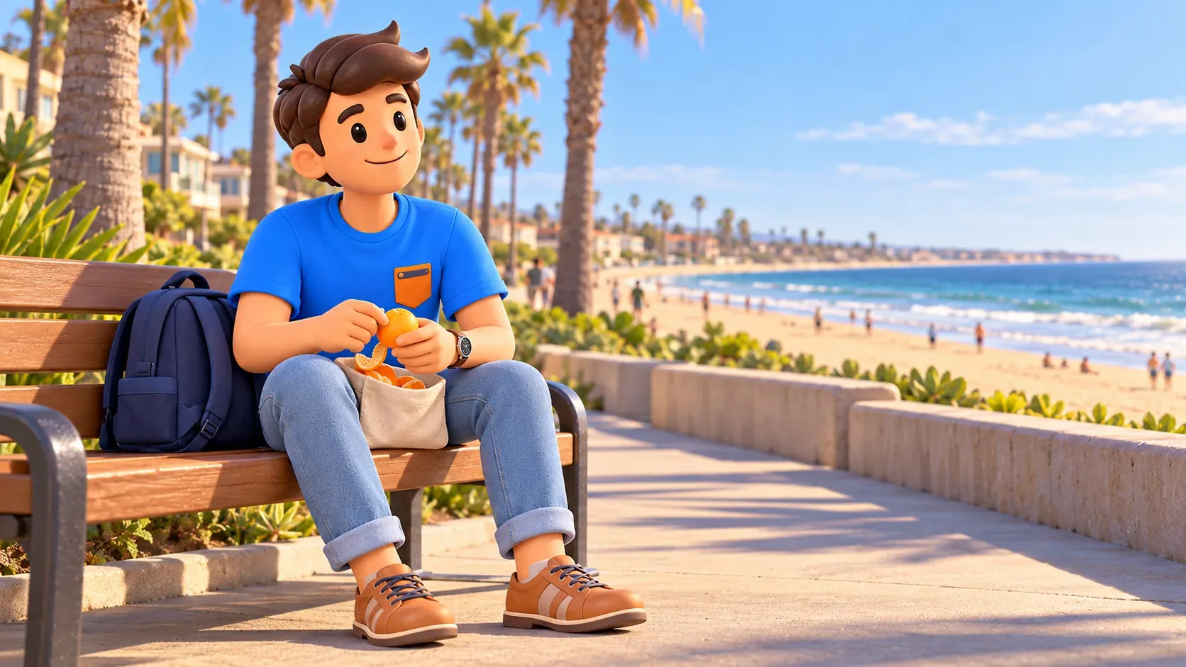Reisender mit Orange ruht auf einer Bank am Strand