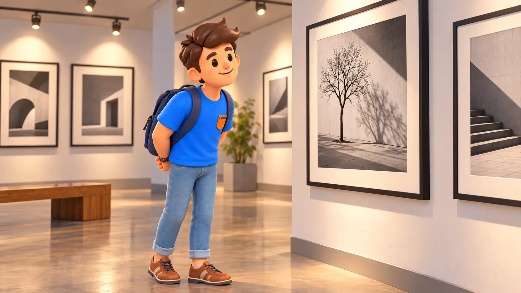 Illustration eines Reisenden vor einer eigenen Baumfotografie in einem erfundenen Ausstellungsraum.